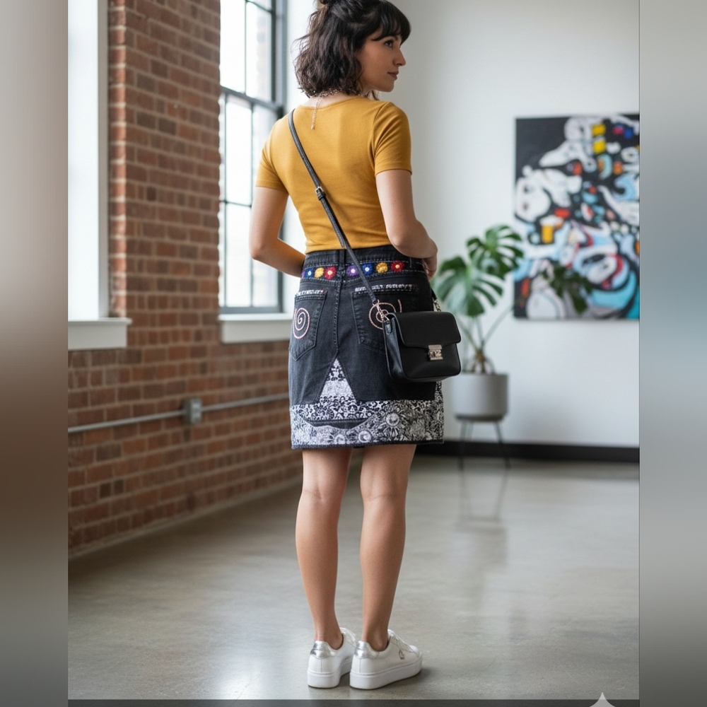 Upcycled Black Denim Jeans Skirt  Floral Flowered Fabric And Hand Embroidered